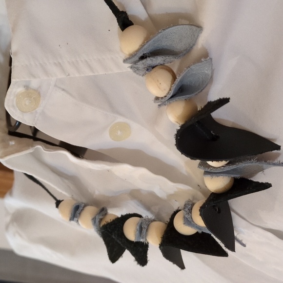 Handmade Genuine Leather Natural Wood Necklace Choker Bracelet Black #08 - Picture 5 of 11